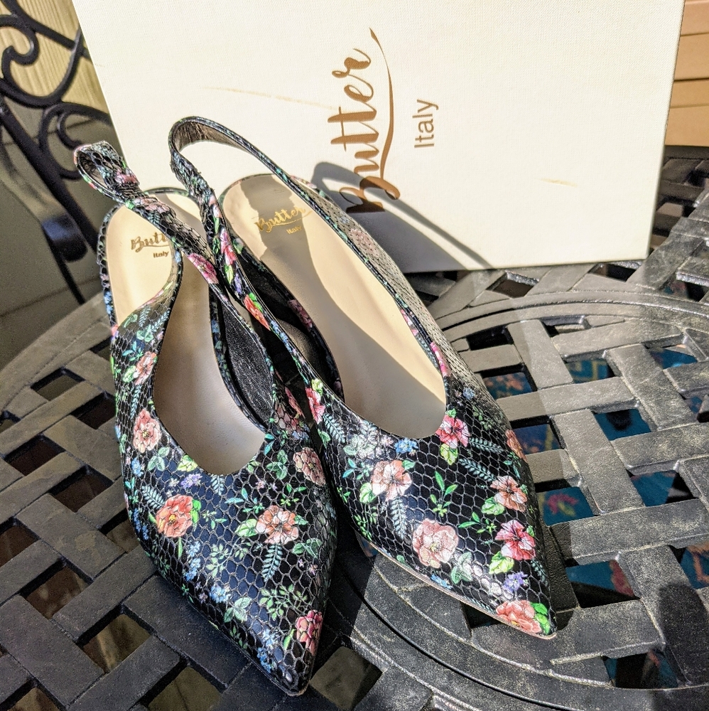 Butter Italian Leather Stacked Heel Slingbacks